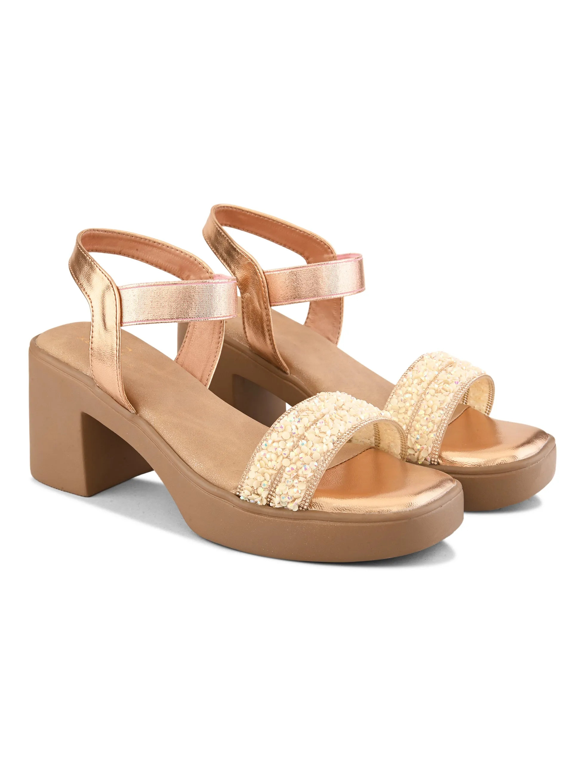 Embellished Beaded Strap Block Heel Sandal