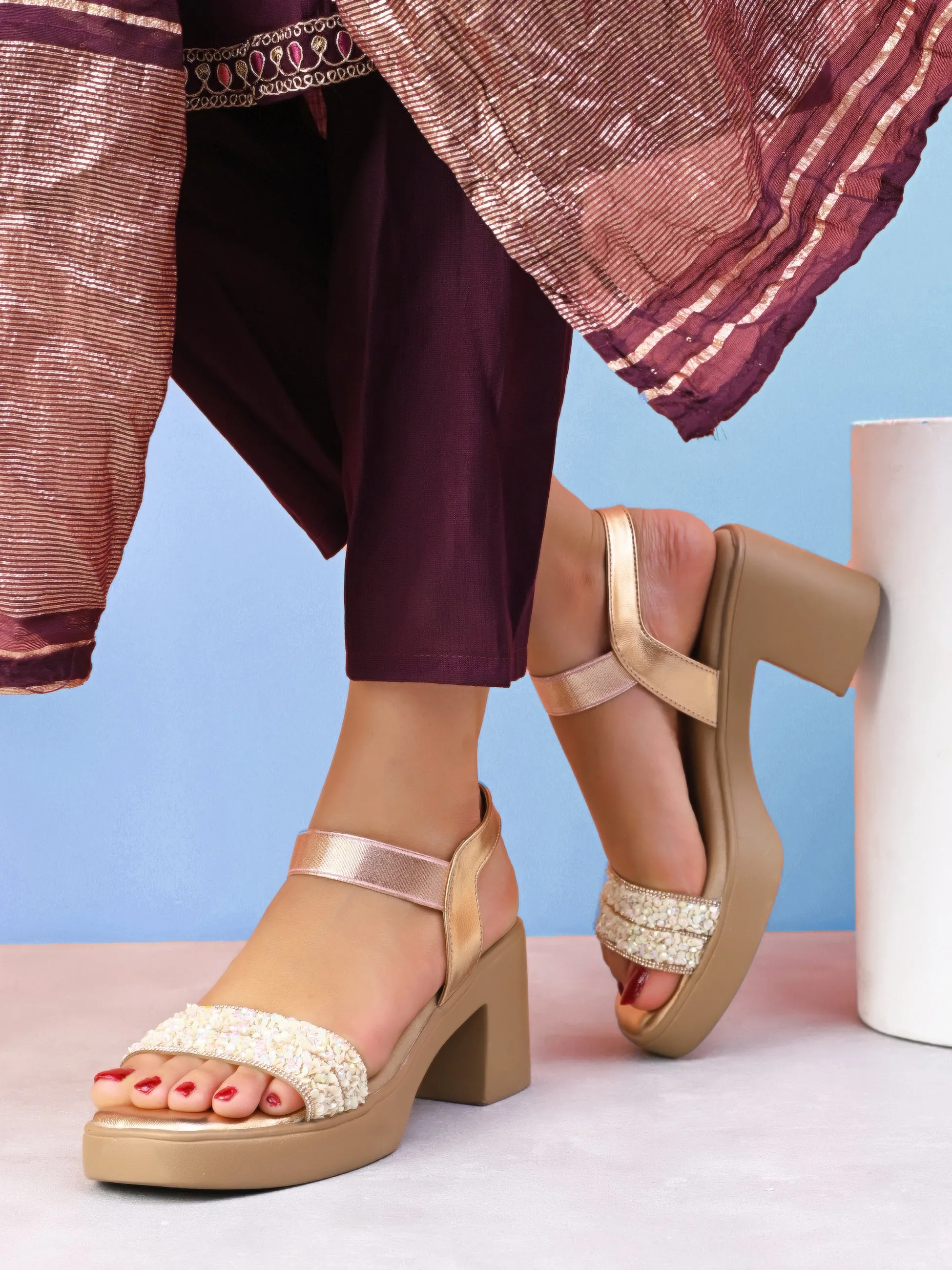 Embellished Beaded Strap Block Heel Sandal