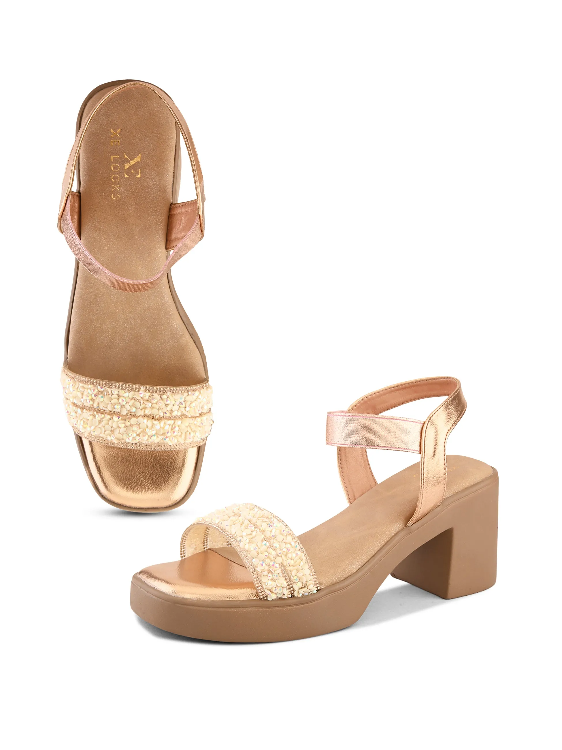 Embellished Beaded Strap Block Heel Sandal