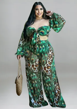 Exotic Peacock and Leopard Print Strapless Two-Piece Set