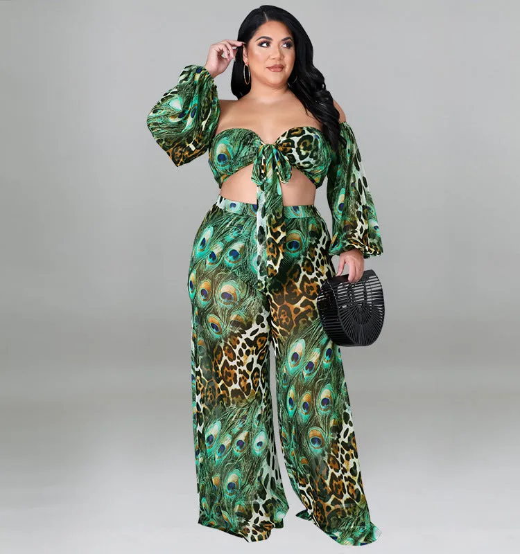 Exotic Peacock and Leopard Print Strapless Two-Piece Set