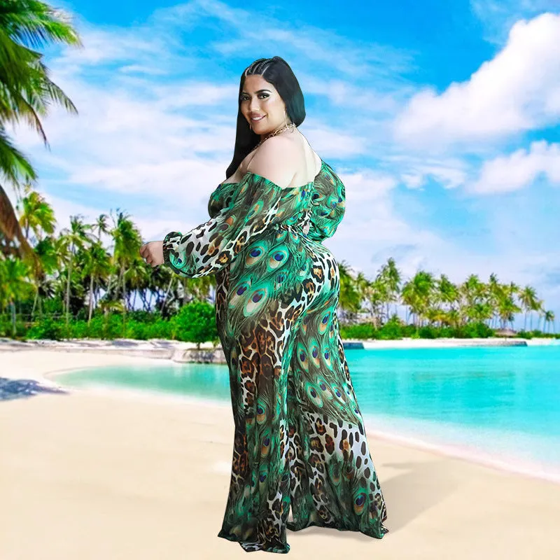 Exotic Peacock and Leopard Print Strapless Two-Piece Set