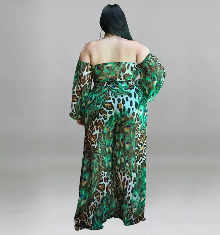 Exotic Peacock and Leopard Print Strapless Two-Piece Set