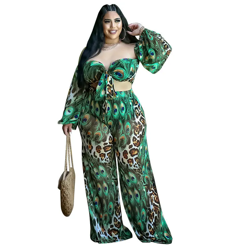 Exotic Peacock and Leopard Print Strapless Two-Piece Set