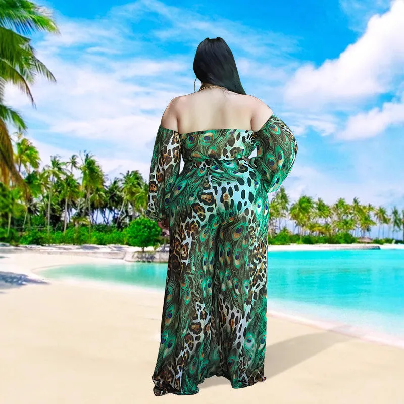 Exotic Peacock and Leopard Print Strapless Two-Piece Set