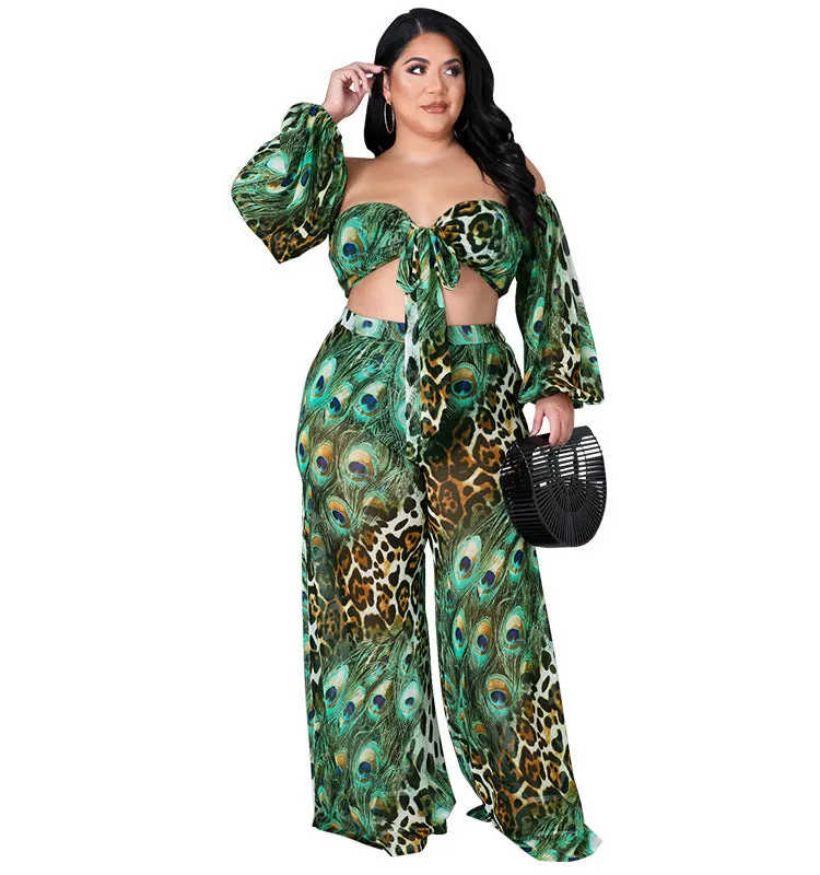 Exotic Peacock and Leopard Print Strapless Two-Piece Set