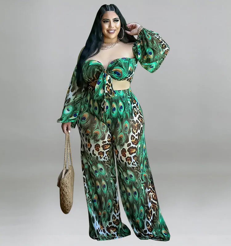 Exotic Peacock and Leopard Print Strapless Two-Piece Set