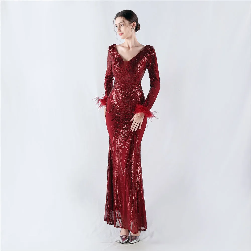Exquisite V-Neck Sequin Evening Gown with Feather Accents