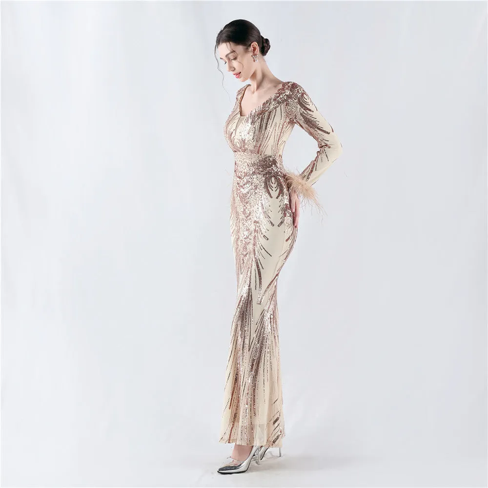 Exquisite V-Neck Sequin Evening Gown with Feather Accents