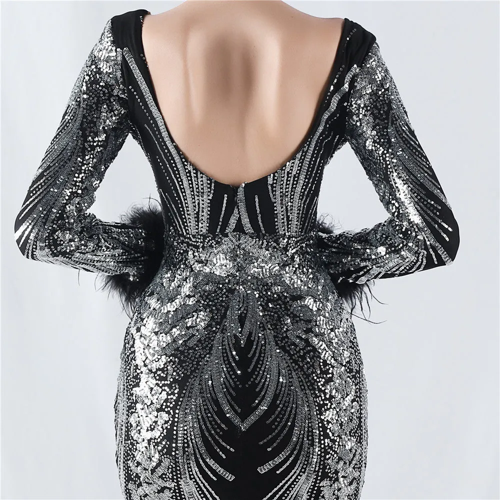 Exquisite V-Neck Sequin Evening Gown with Feather Accents