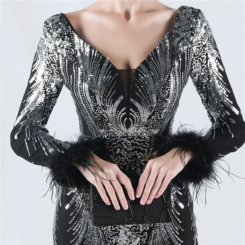 Exquisite V-Neck Sequin Evening Gown with Feather Accents