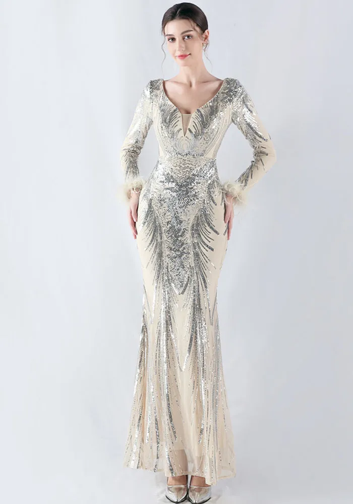 Exquisite V-Neck Sequin Evening Gown with Feather Accents