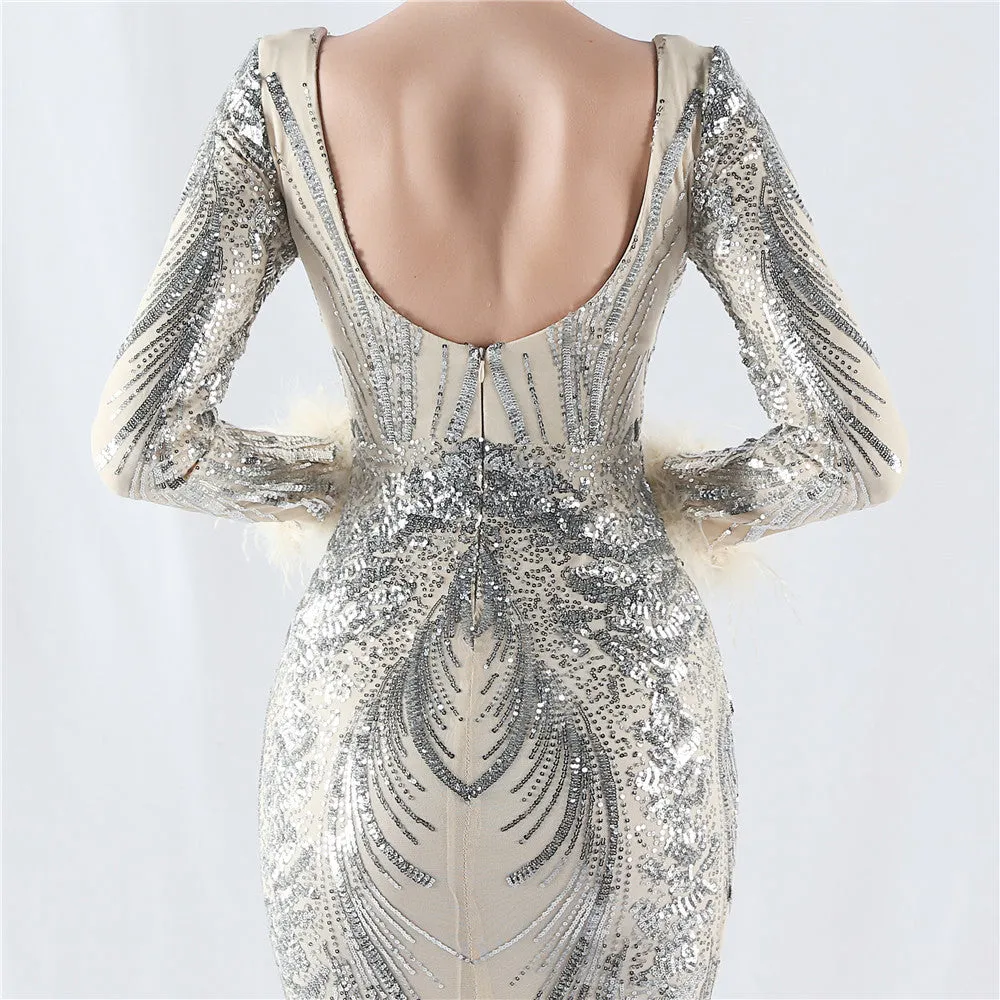 Exquisite V-Neck Sequin Evening Gown with Feather Accents