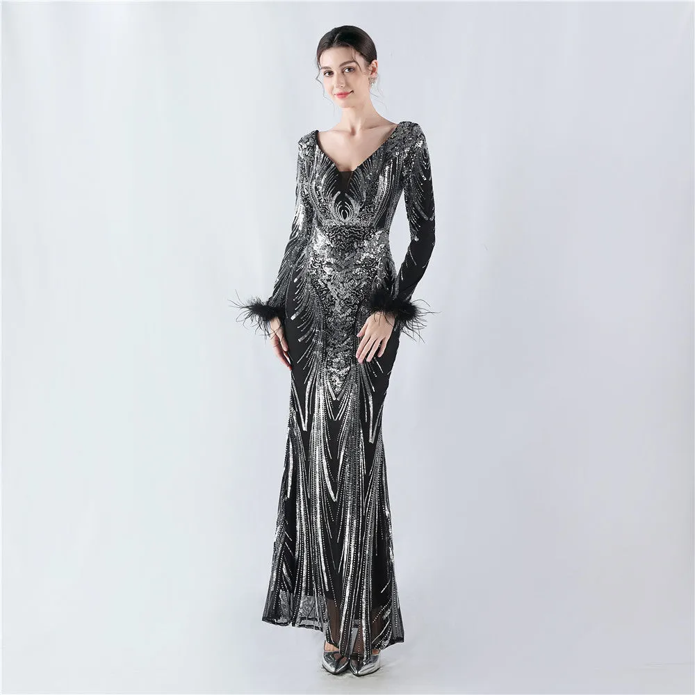 Exquisite V-Neck Sequin Evening Gown with Feather Accents