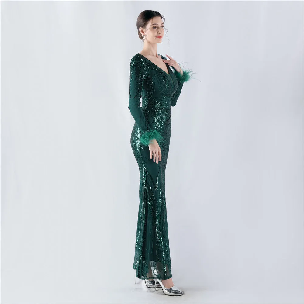 Exquisite V-Neck Sequin Evening Gown with Feather Accents