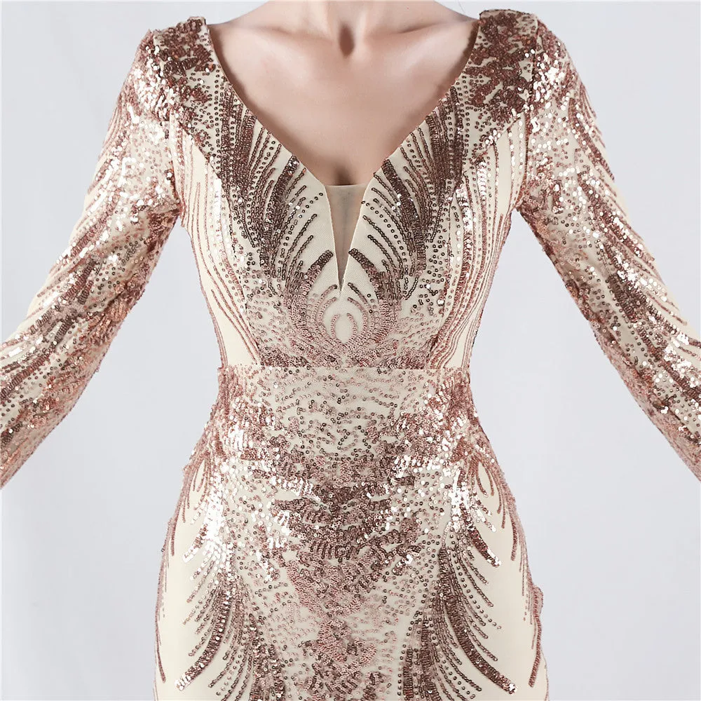 Exquisite V-Neck Sequin Evening Gown with Feather Accents