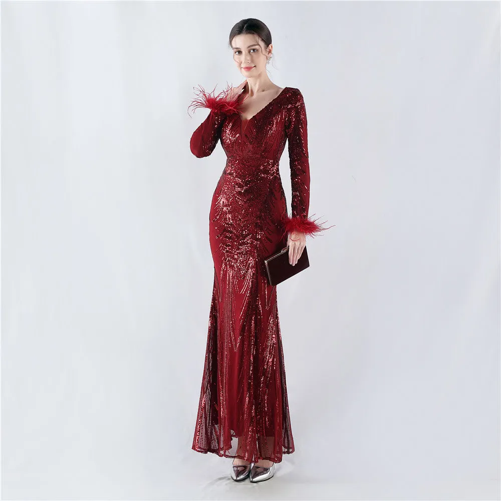 Exquisite V-Neck Sequin Evening Gown with Feather Accents