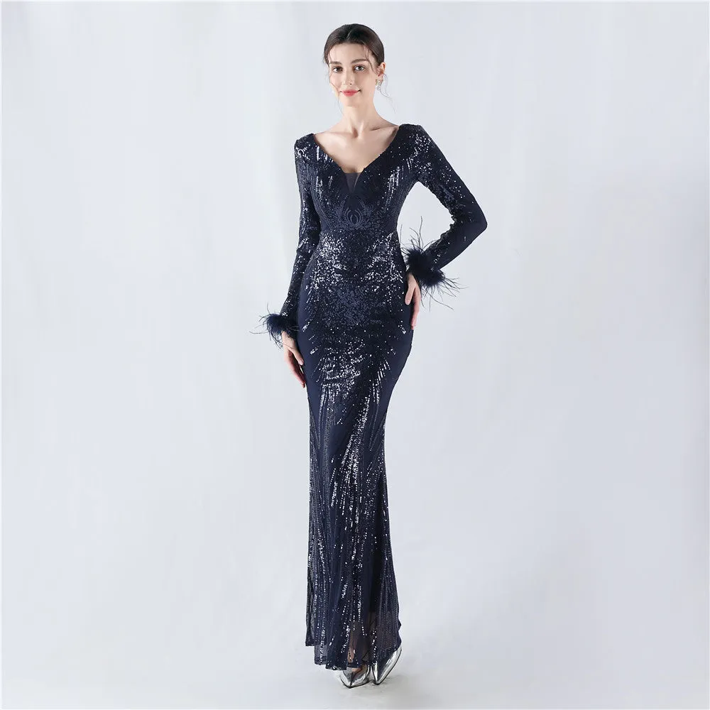 Exquisite V-Neck Sequin Evening Gown with Feather Accents