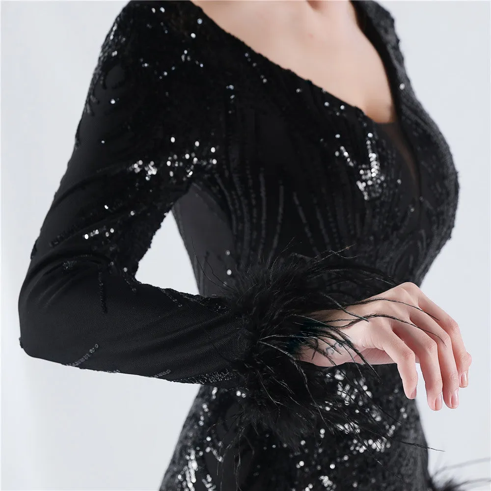 Exquisite V-Neck Sequin Evening Gown with Feather Accents