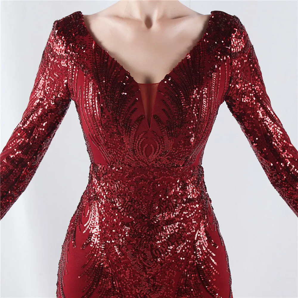 Exquisite V-Neck Sequin Evening Gown with Feather Accents