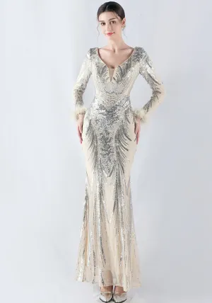 Exquisite V-Neck Sequin Evening Gown with Feather Accents