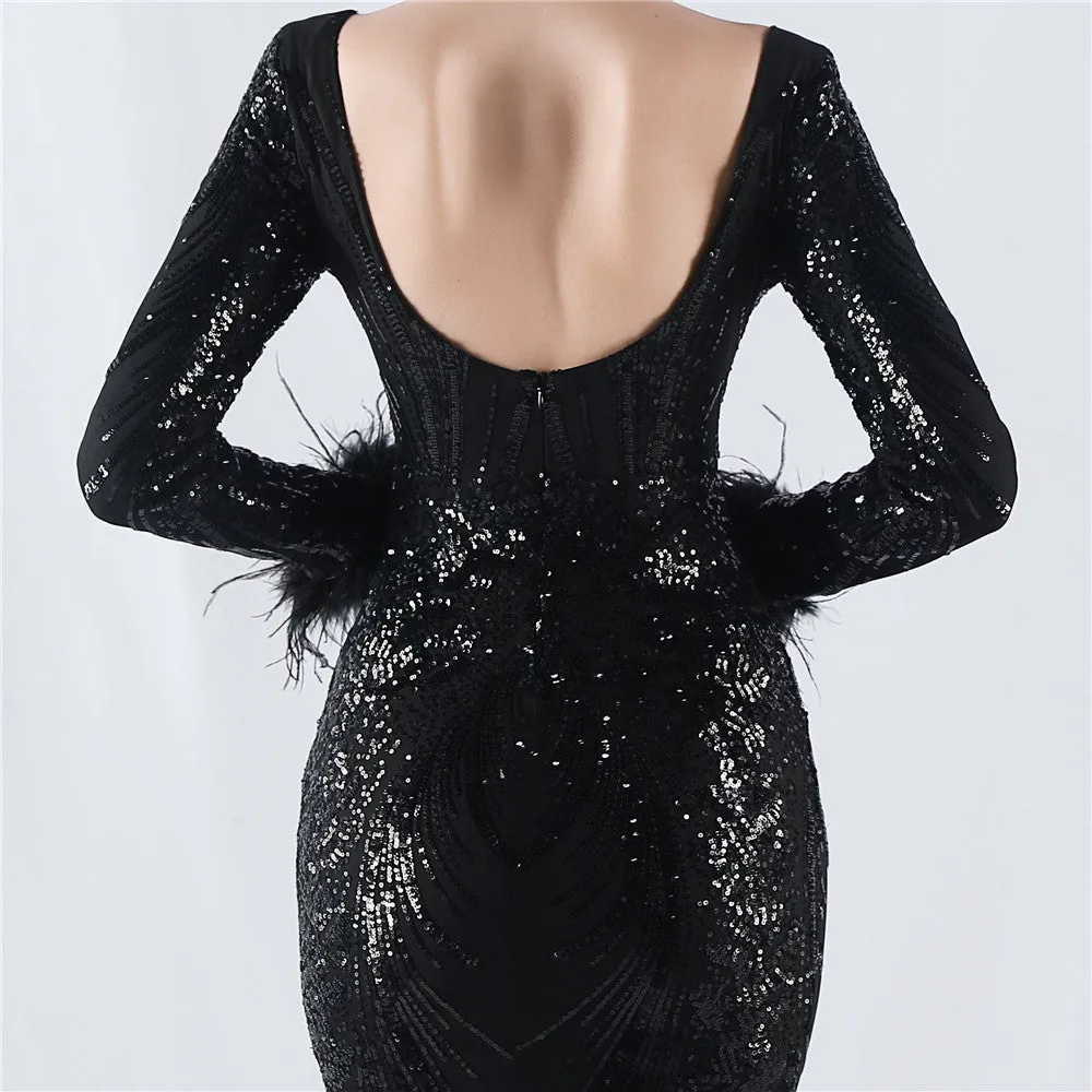 Exquisite V-Neck Sequin Evening Gown with Feather Accents