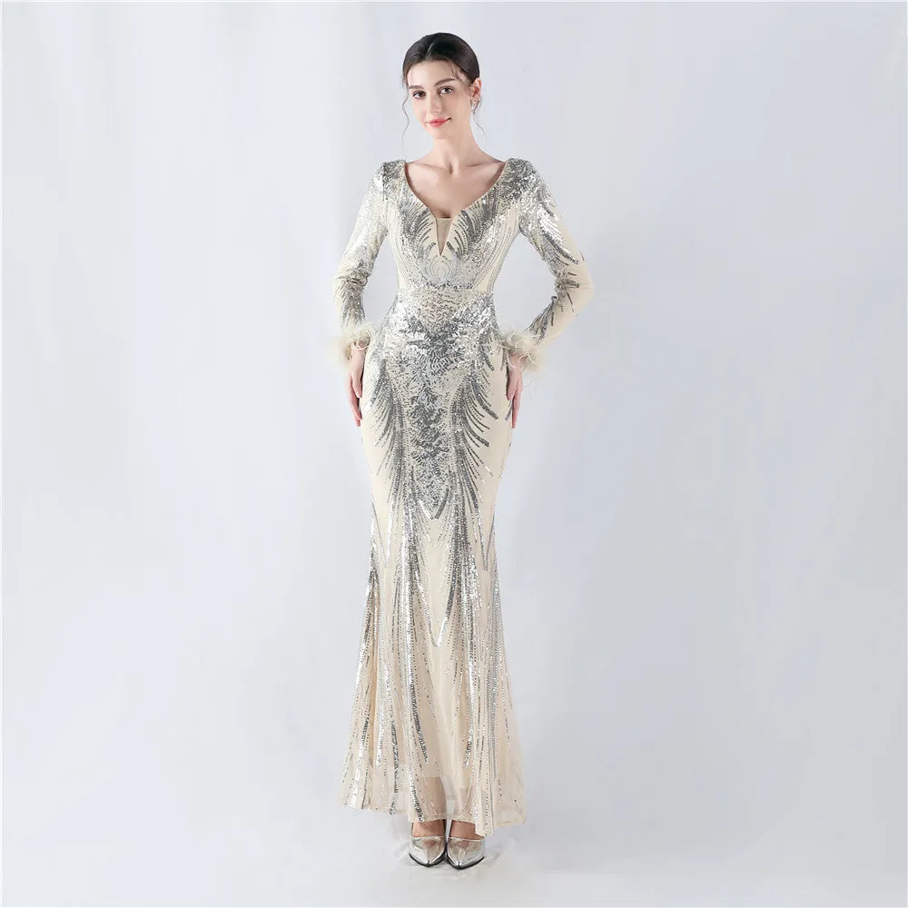 Exquisite V-Neck Sequin Evening Gown with Feather Accents