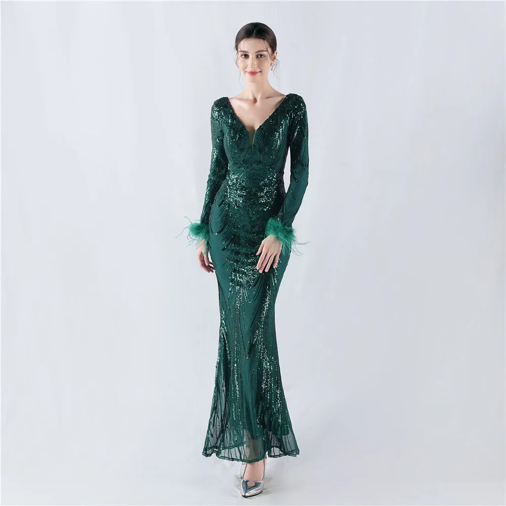 Exquisite V-Neck Sequin Evening Gown with Feather Accents