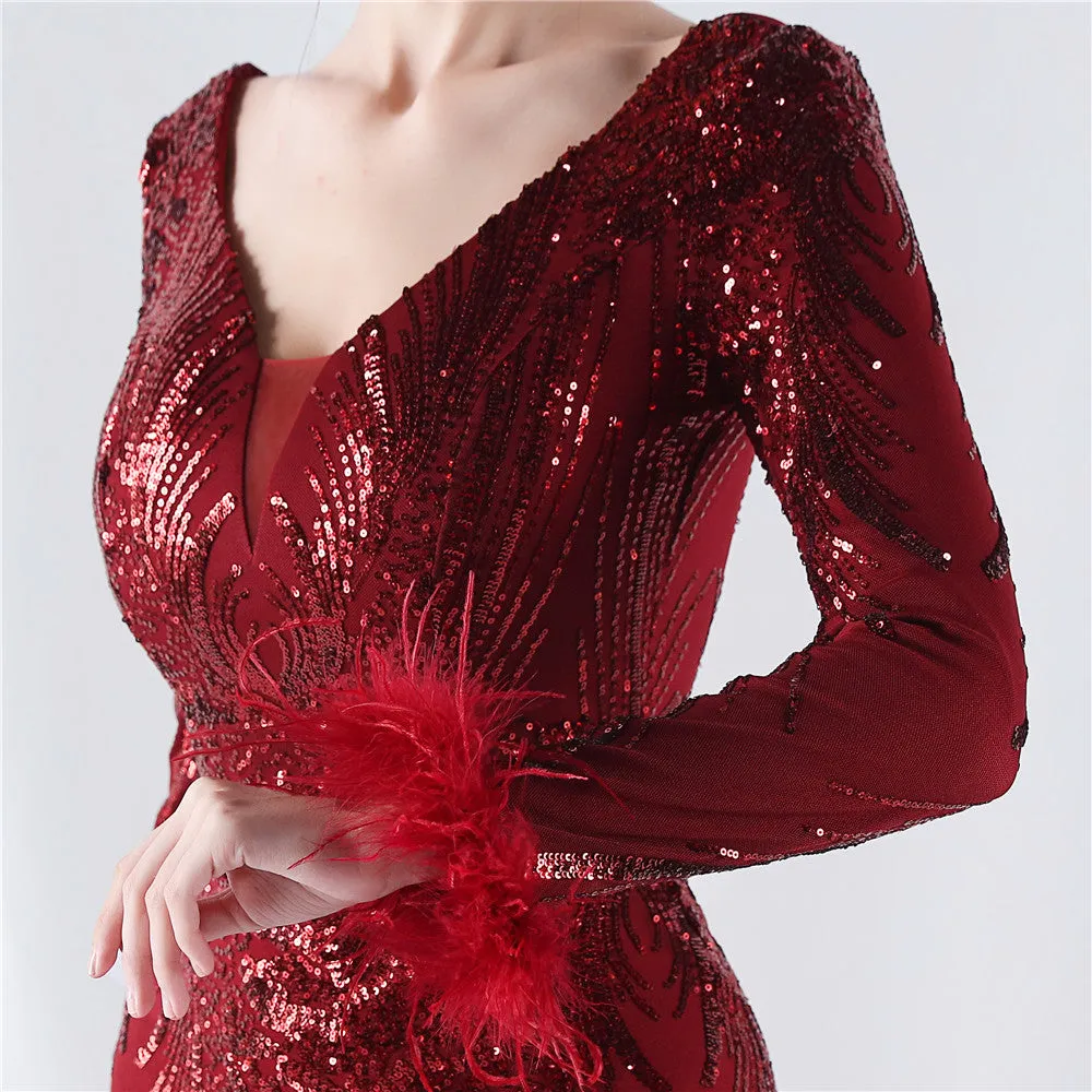 Exquisite V-Neck Sequin Evening Gown with Feather Accents