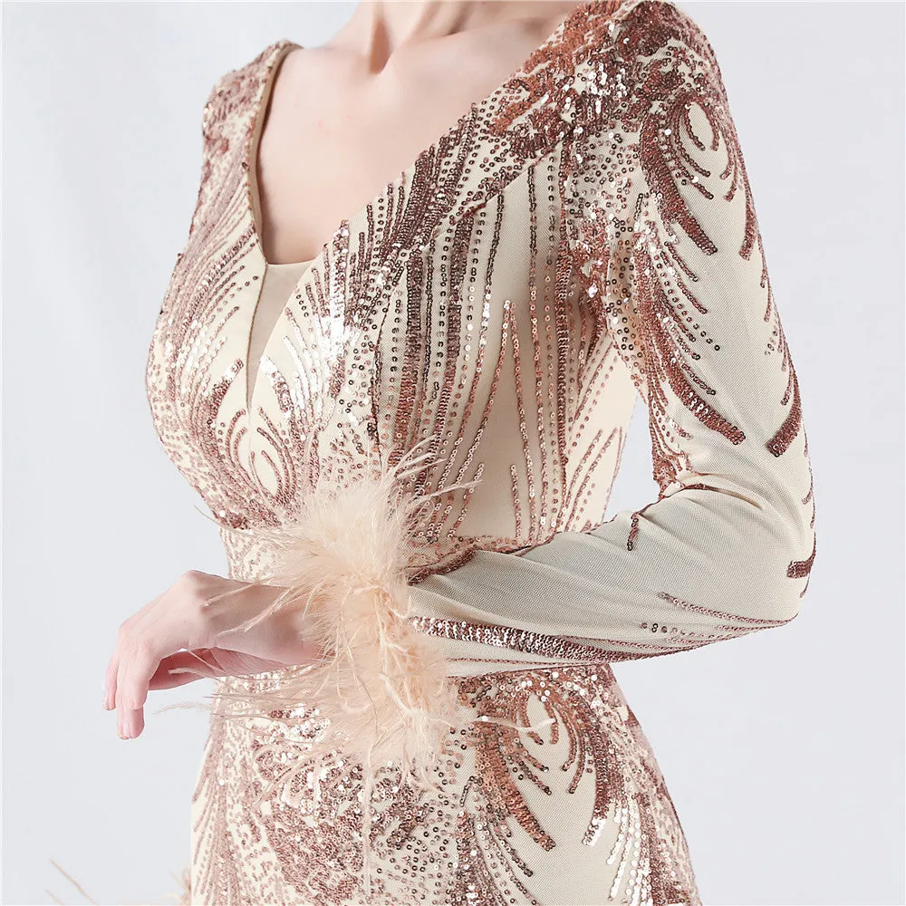 Exquisite V-Neck Sequin Evening Gown with Feather Accents