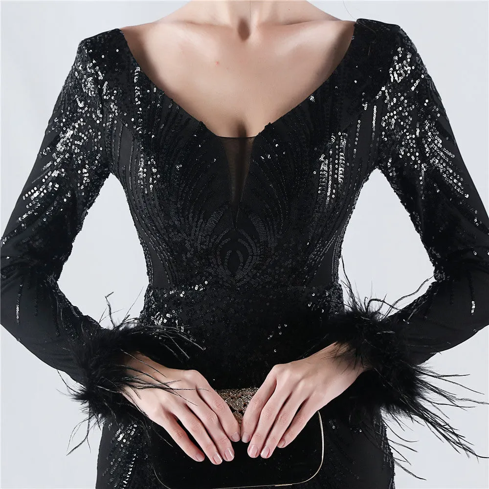 Exquisite V-Neck Sequin Evening Gown with Feather Accents