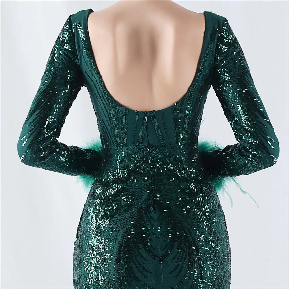 Exquisite V-Neck Sequin Evening Gown with Feather Accents
