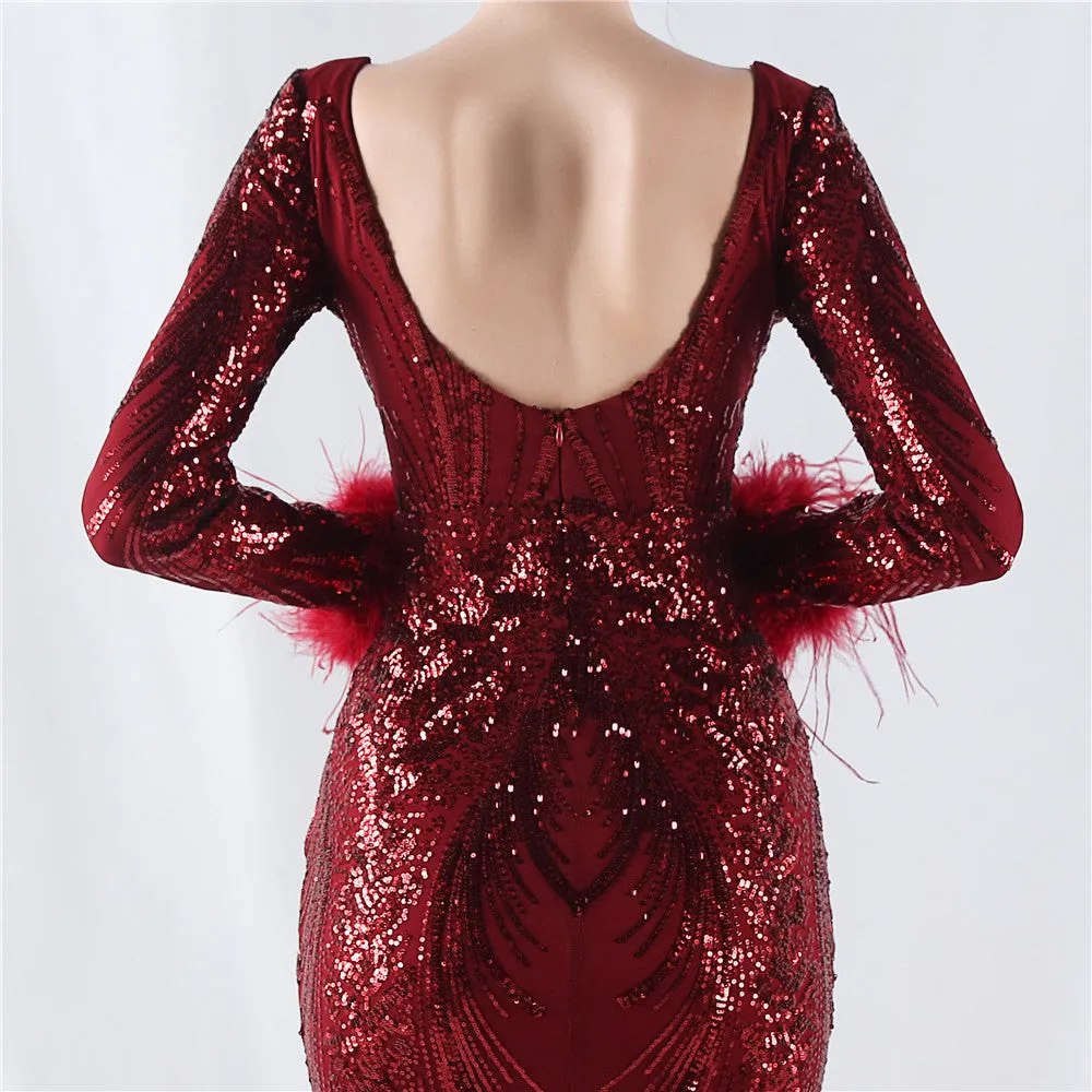 Exquisite V-Neck Sequin Evening Gown with Feather Accents
