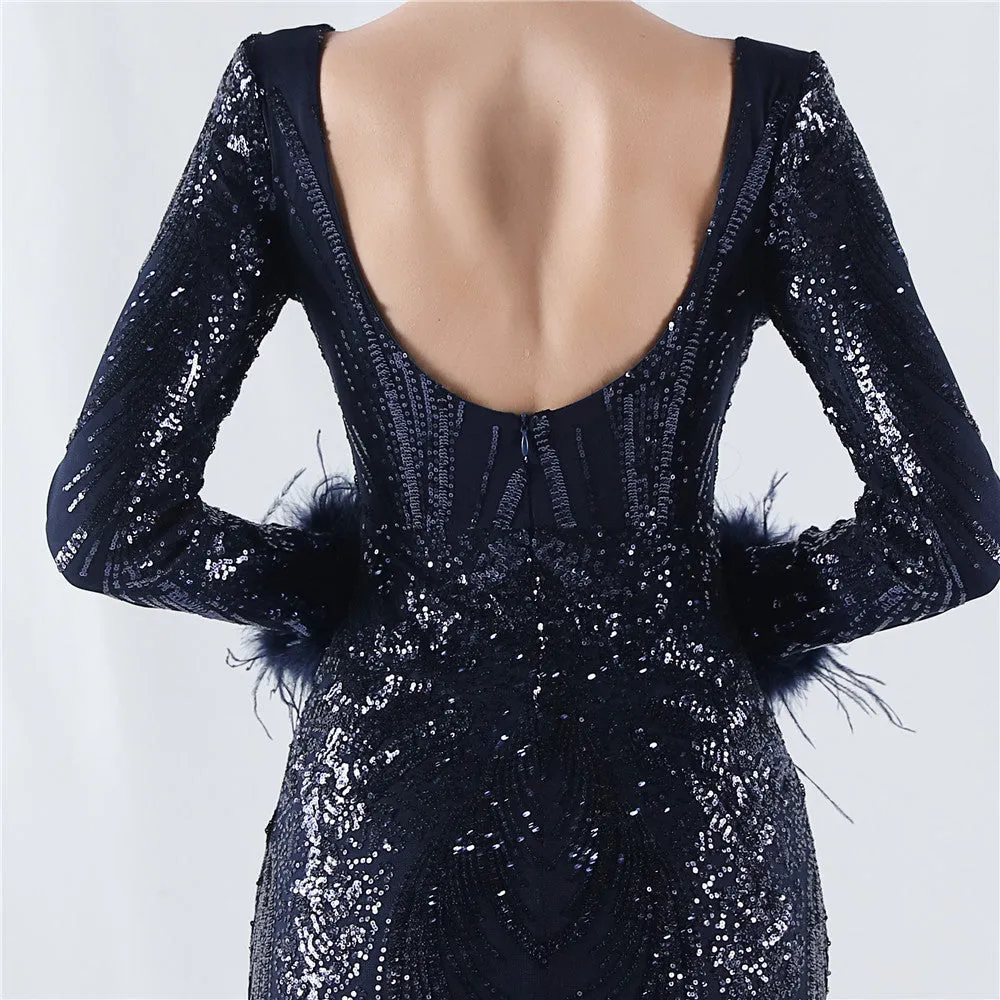 Exquisite V-Neck Sequin Evening Gown with Feather Accents