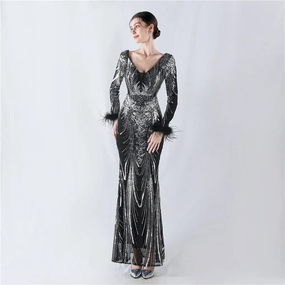 Exquisite V-Neck Sequin Evening Gown with Feather Accents