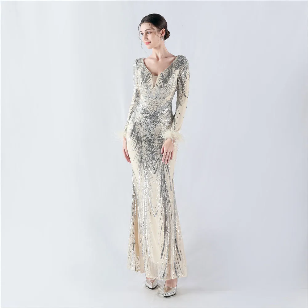 Exquisite V-Neck Sequin Evening Gown with Feather Accents
