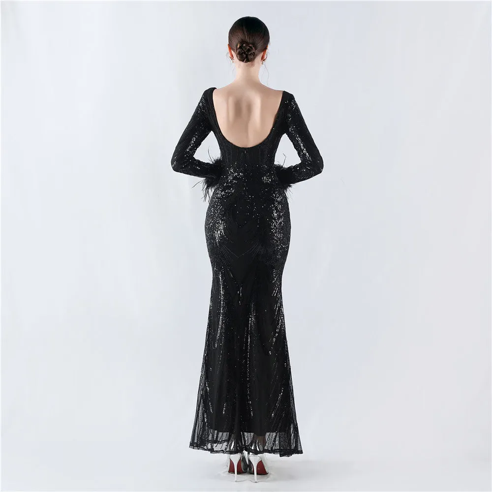 Exquisite V-Neck Sequin Evening Gown with Feather Accents