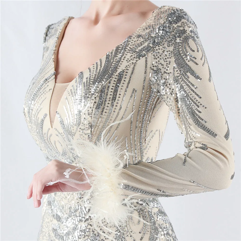 Exquisite V-Neck Sequin Evening Gown with Feather Accents