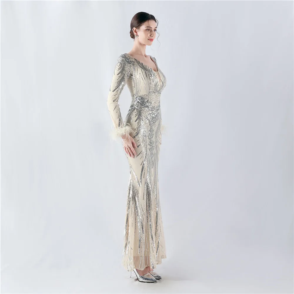 Exquisite V-Neck Sequin Evening Gown with Feather Accents