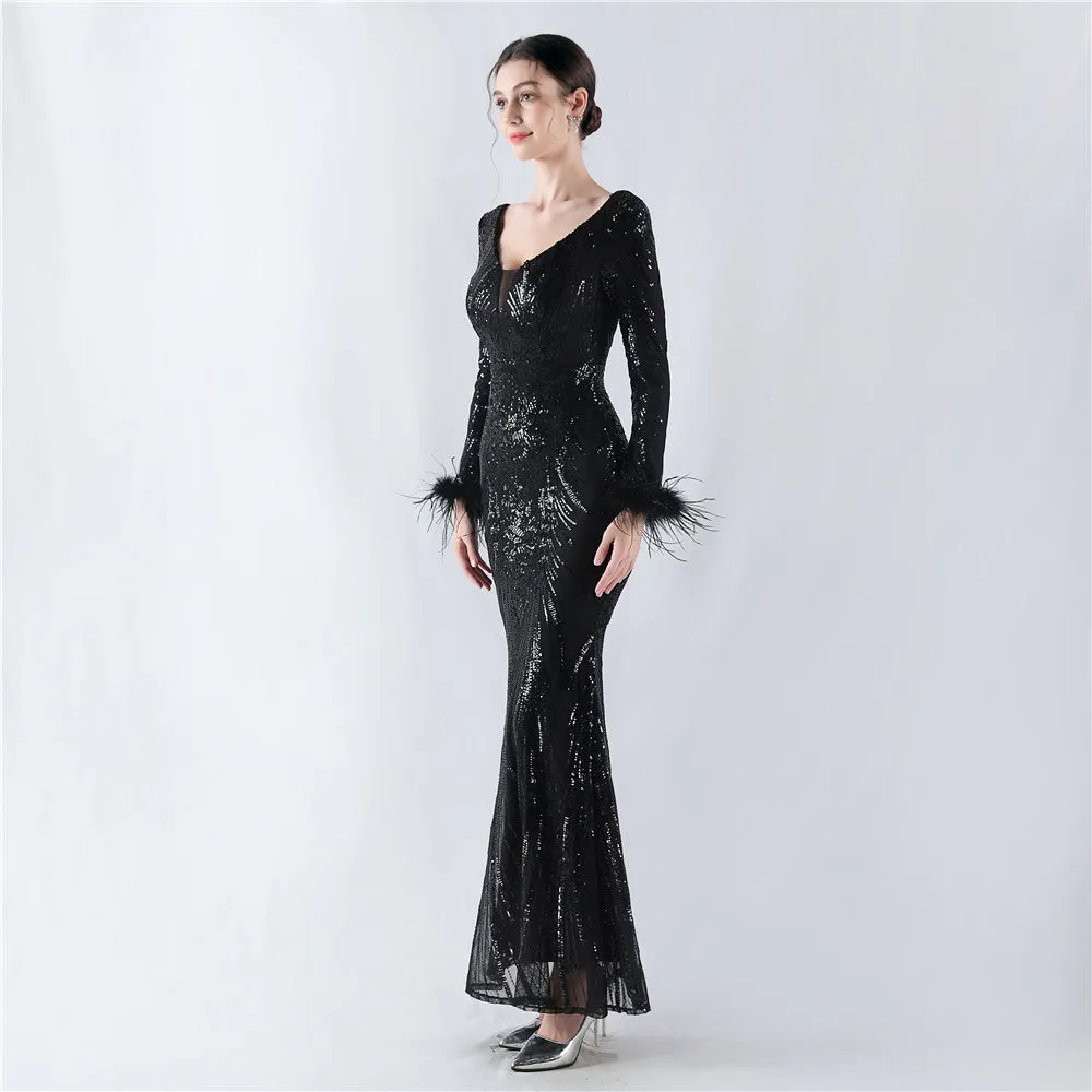 Exquisite V-Neck Sequin Evening Gown with Feather Accents