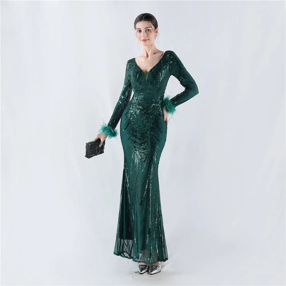 Exquisite V-Neck Sequin Evening Gown with Feather Accents