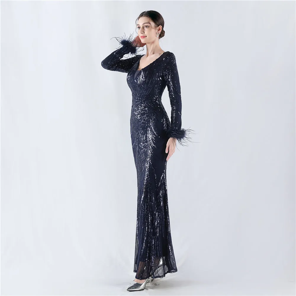 Exquisite V-Neck Sequin Evening Gown with Feather Accents