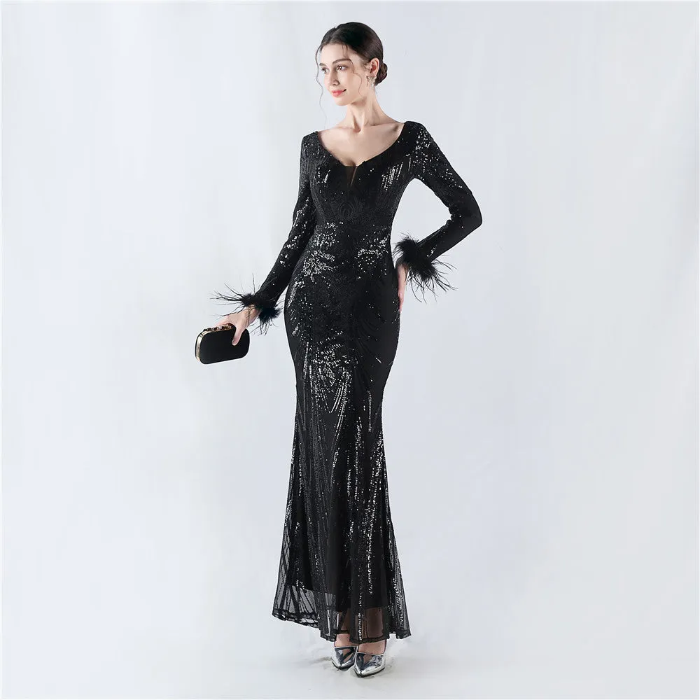 Exquisite V-Neck Sequin Evening Gown with Feather Accents