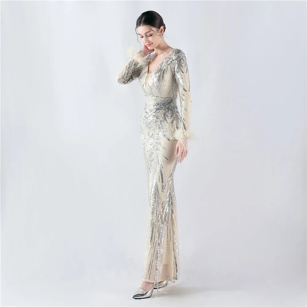 Exquisite V-Neck Sequin Evening Gown with Feather Accents