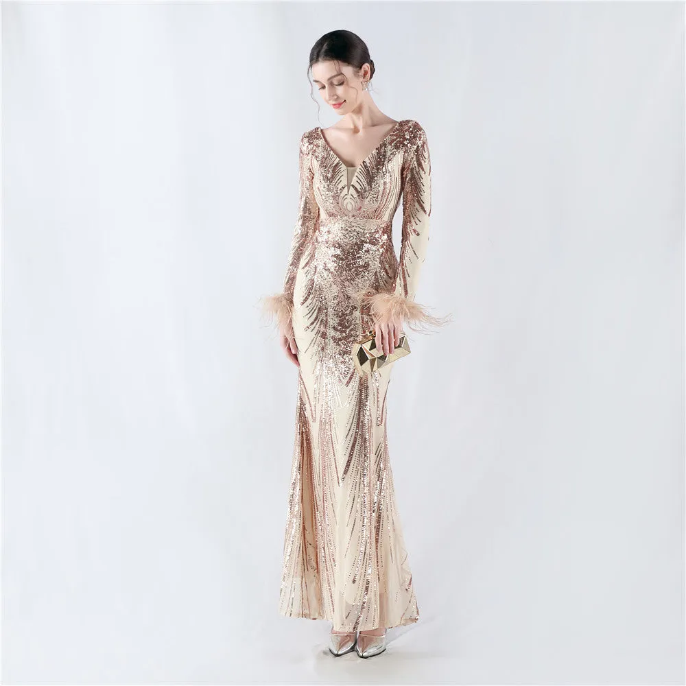 Exquisite V-Neck Sequin Evening Gown with Feather Accents
