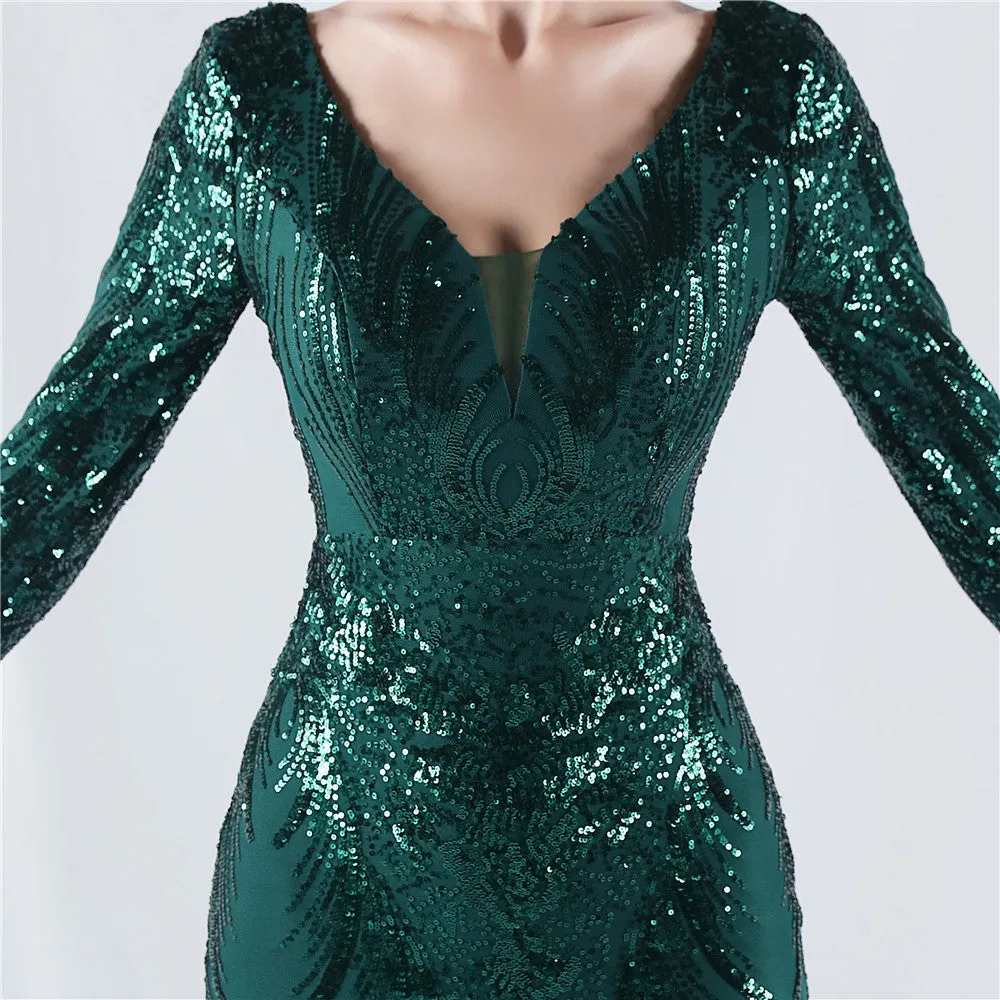 Exquisite V-Neck Sequin Evening Gown with Feather Accents