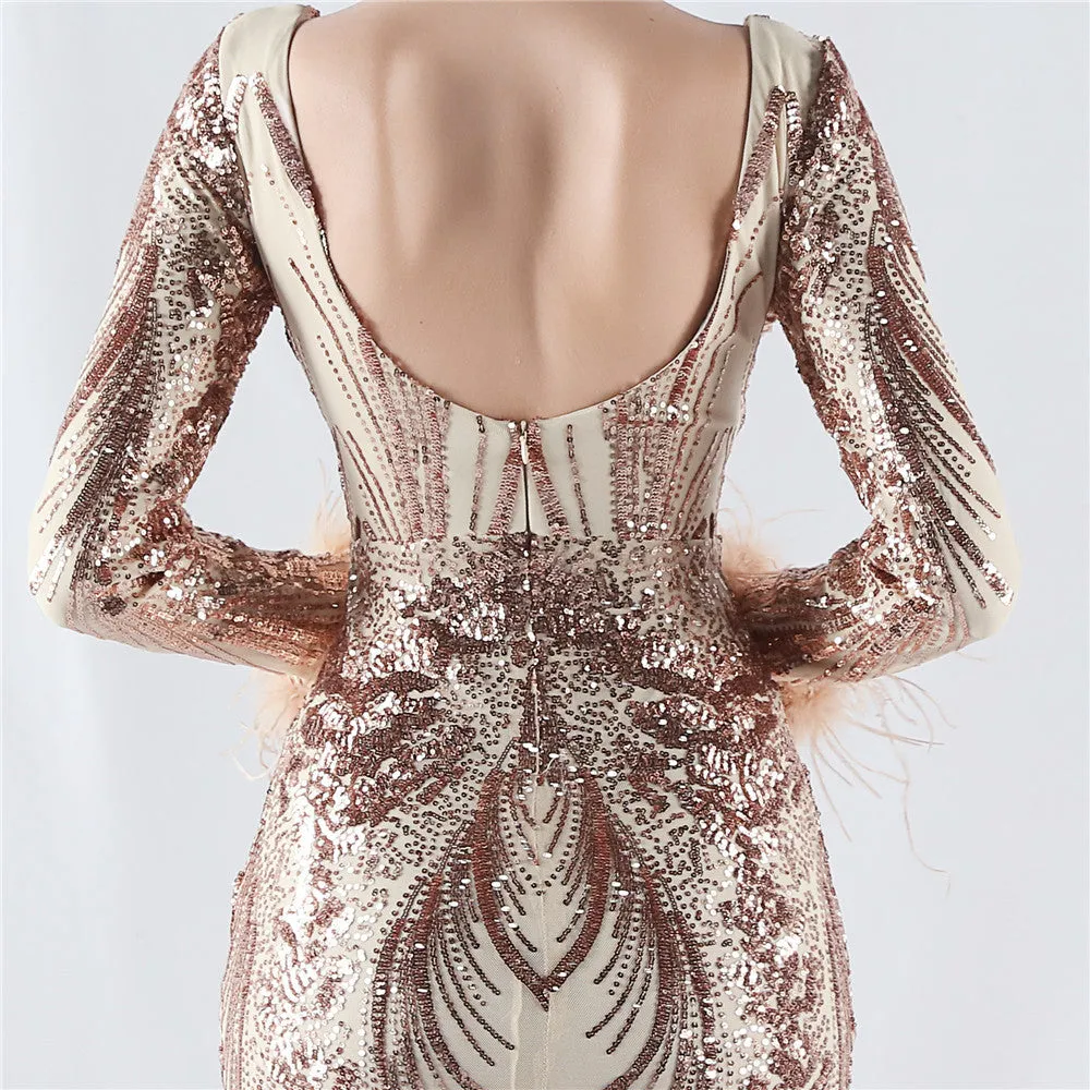 Exquisite V-Neck Sequin Evening Gown with Feather Accents