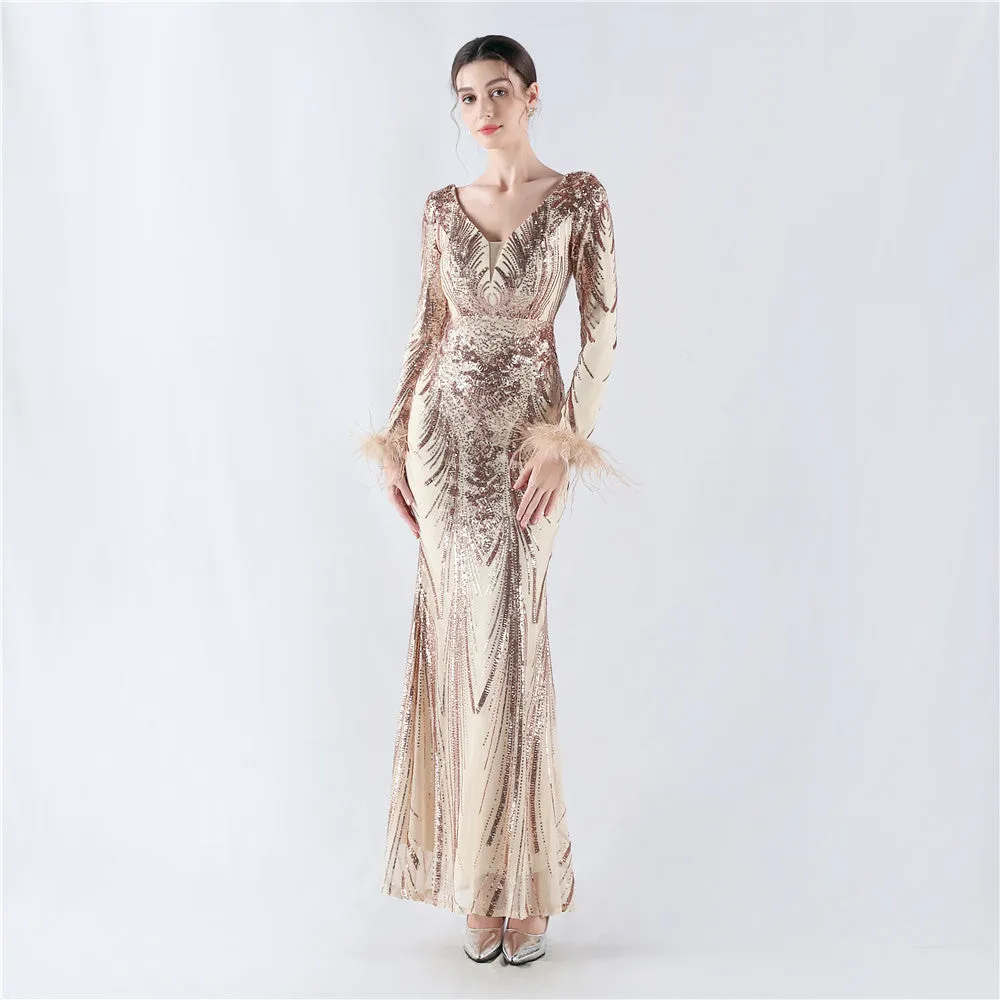 Exquisite V-Neck Sequin Evening Gown with Feather Accents