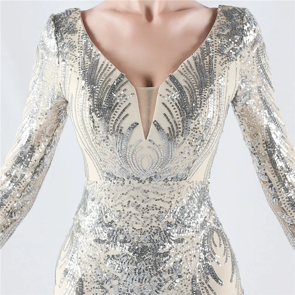 Exquisite V-Neck Sequin Evening Gown with Feather Accents