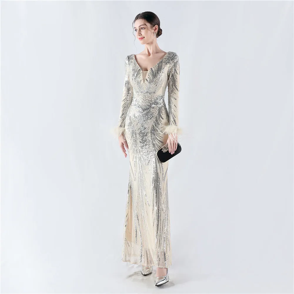 Exquisite V-Neck Sequin Evening Gown with Feather Accents